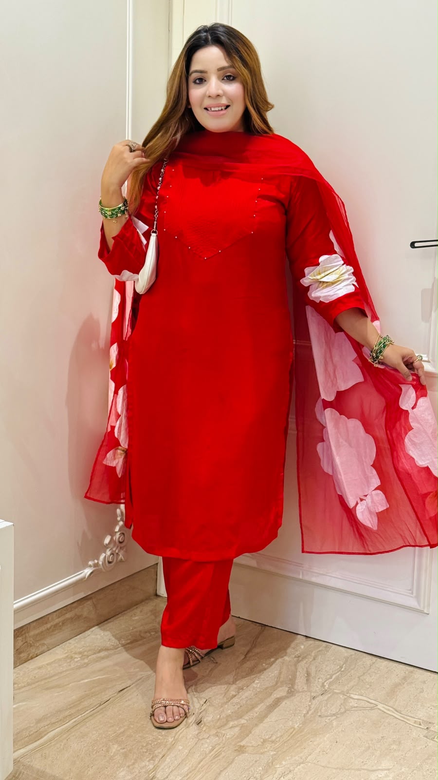 Tisha Crepe Brush Print Suit Set- Red