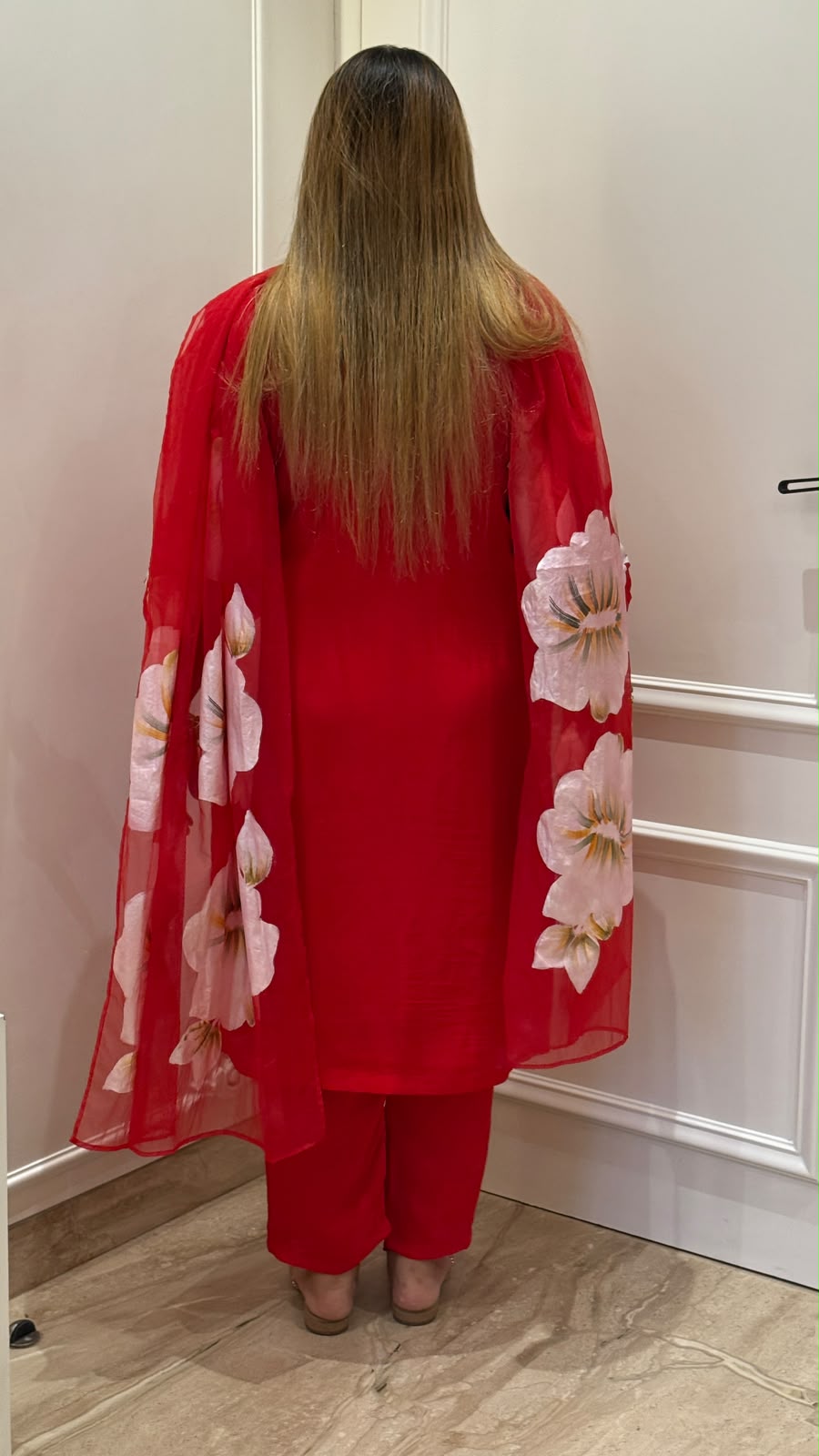Tisha Crepe Brush Print Suit Set- Red