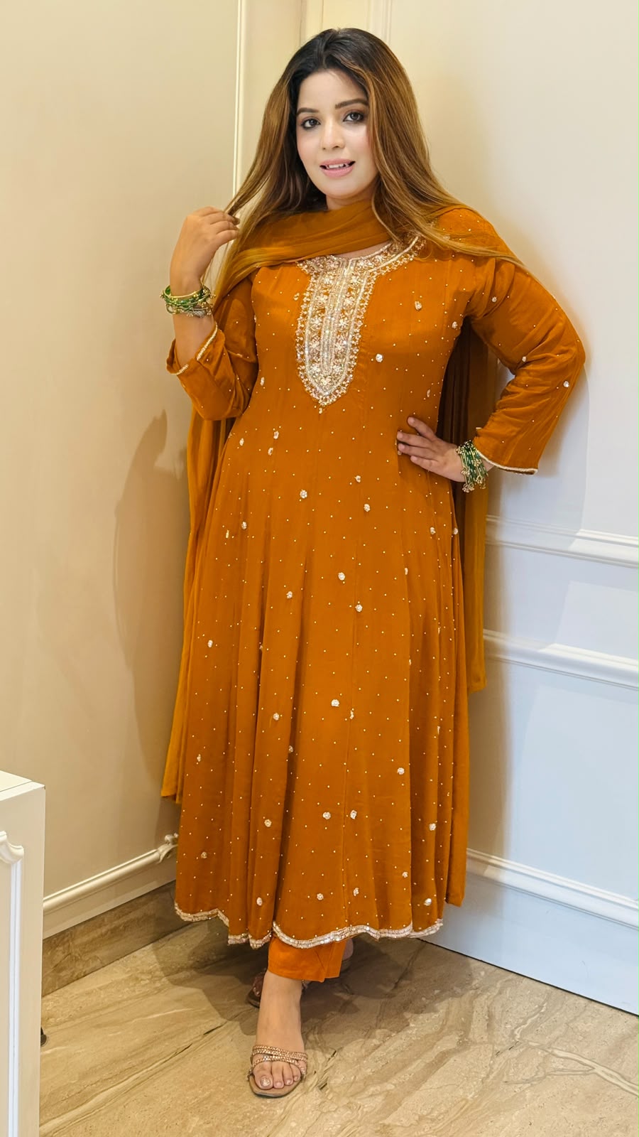 Rumi Chinnon Anarkali Suit Set- Orange