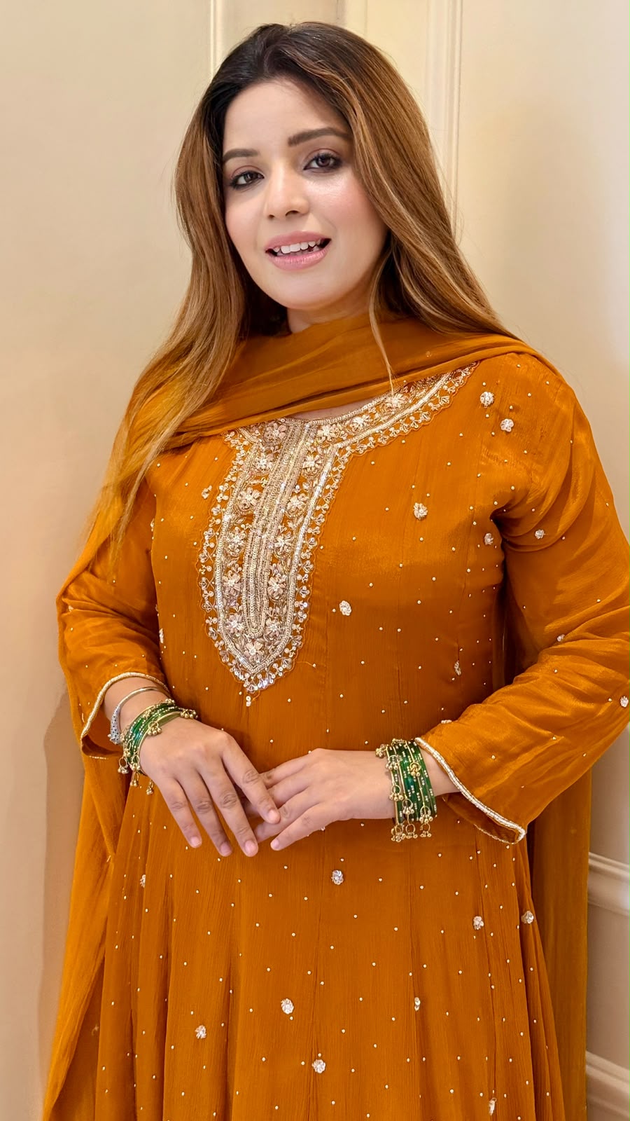 Rumi Chinnon Anarkali Suit Set- Orange