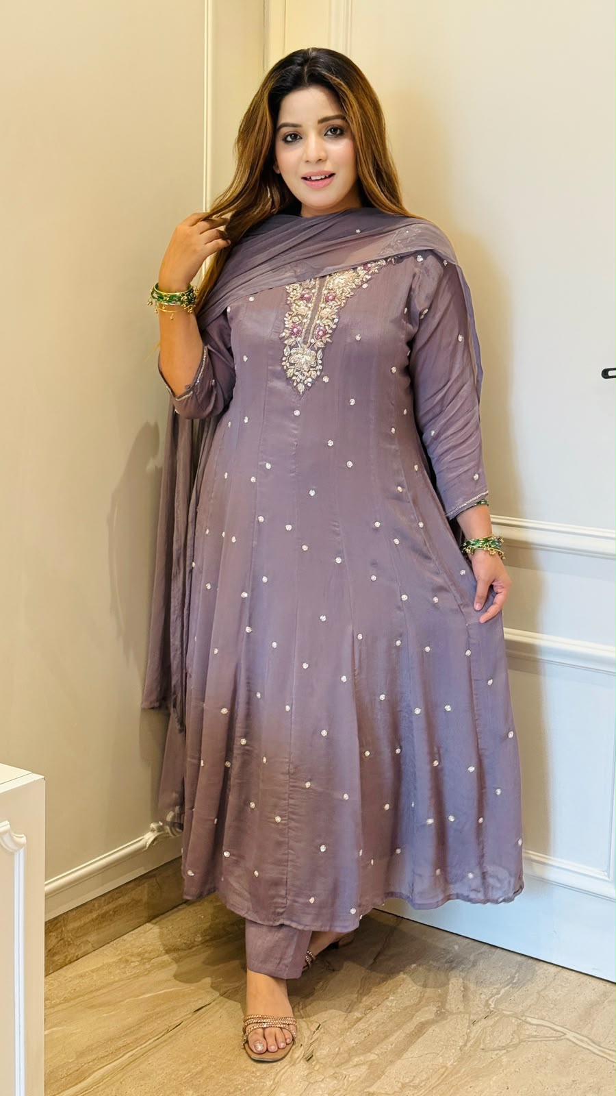 Raina Chinnon Anarkali Suit Set- Lavender