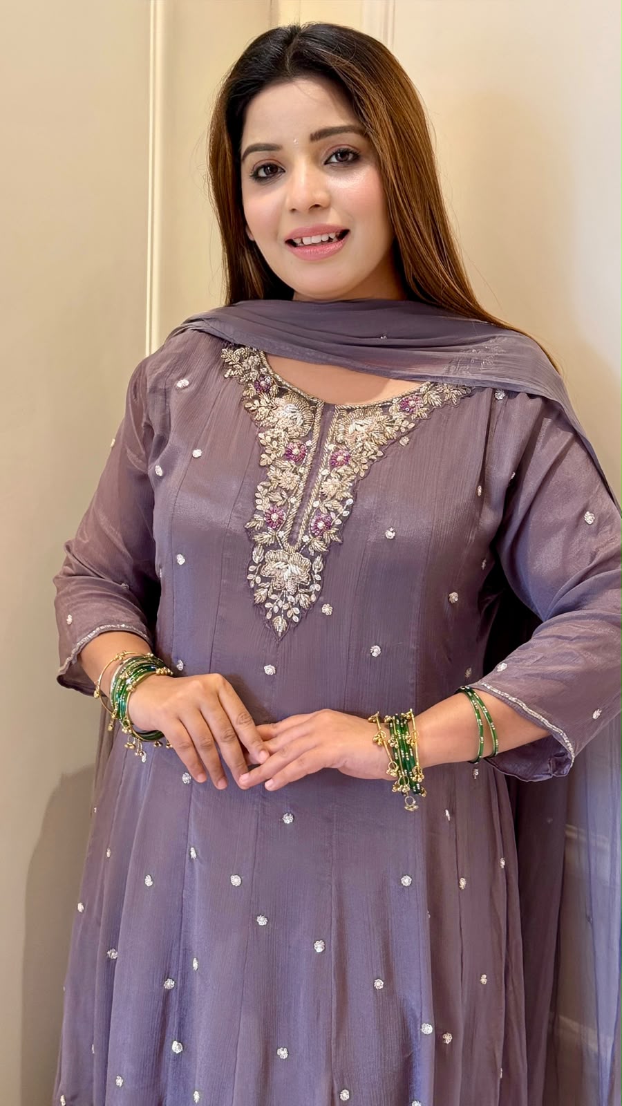 Raina Chinnon Anarkali Suit Set- Lavender