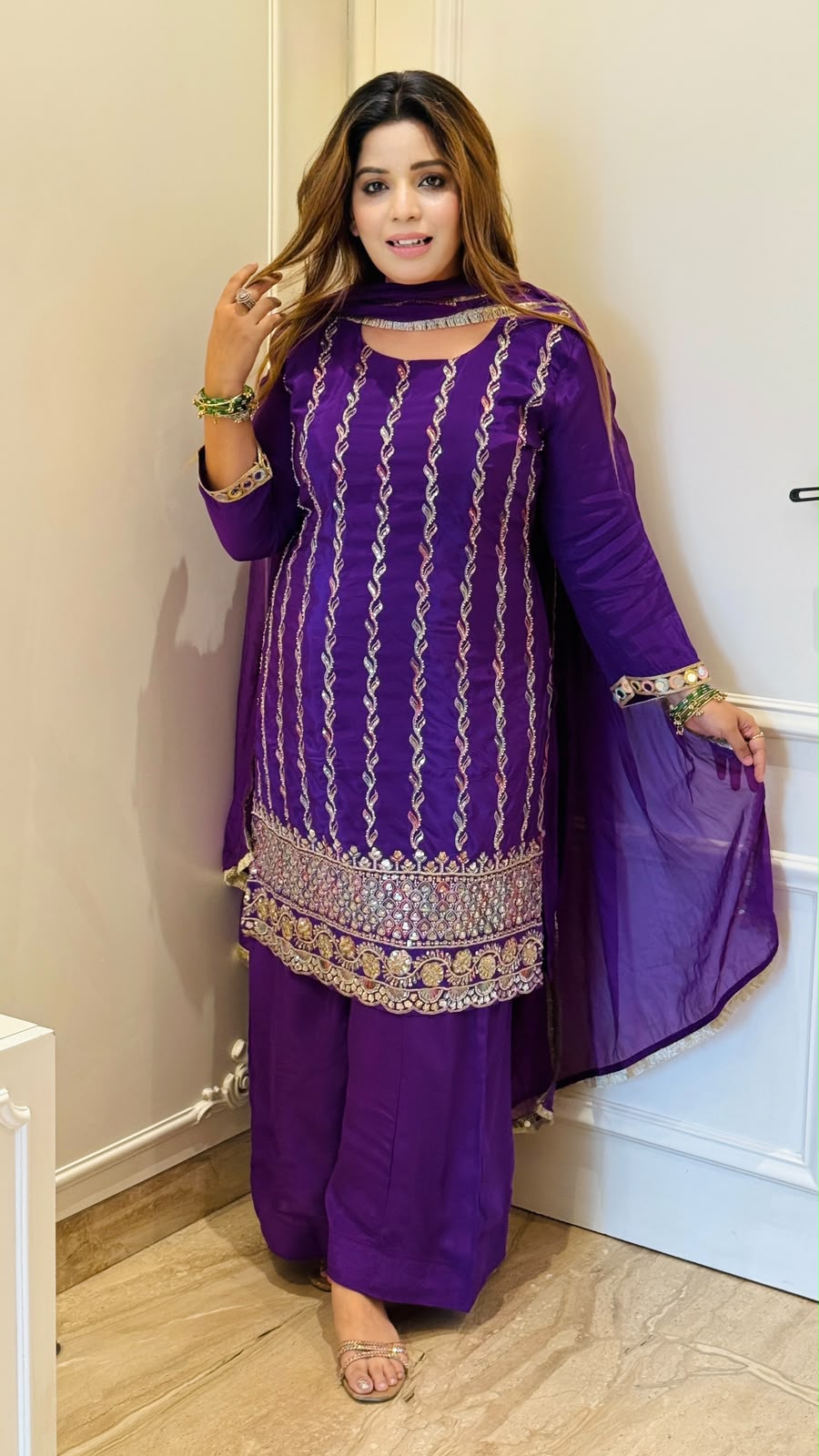 Jivika Crepe Plazo Suit Set- Purple, Orange