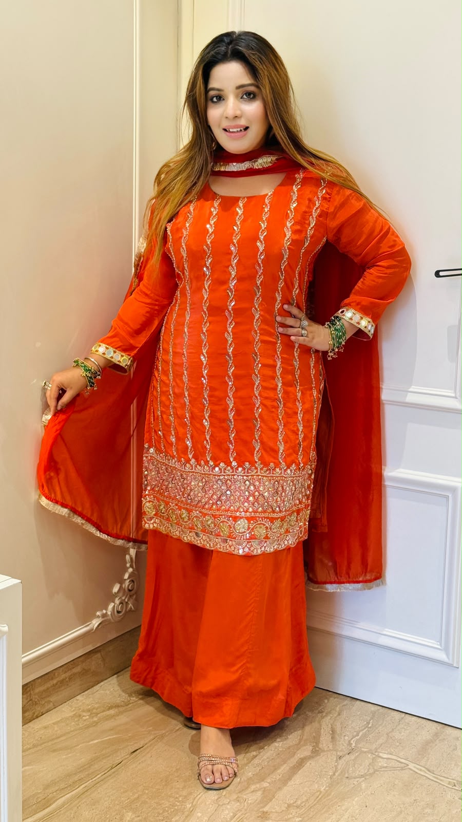 Jivika Crepe Plazo Suit Set- Purple, Orange