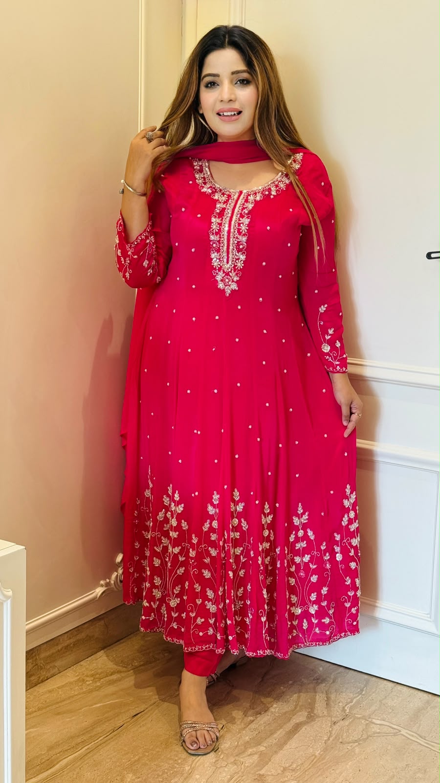 Mihika Viscose Georgette Anarkali Suit Set- Pink, Lavender