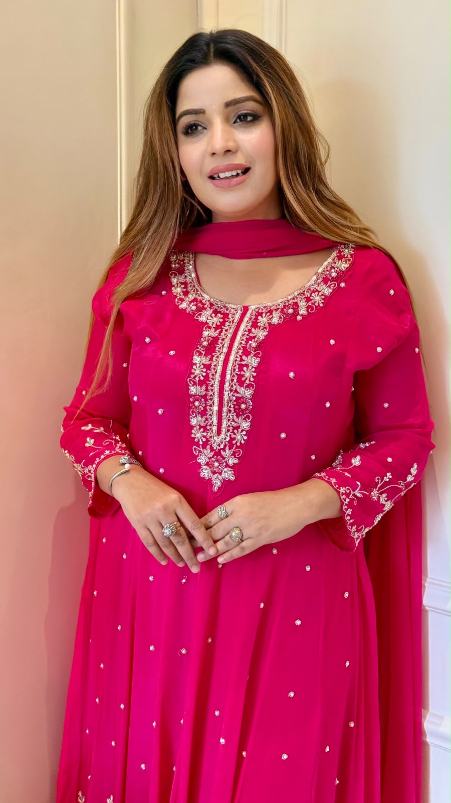 Mihika Viscose Georgette Anarkali Suit Set- Pink, Lavender
