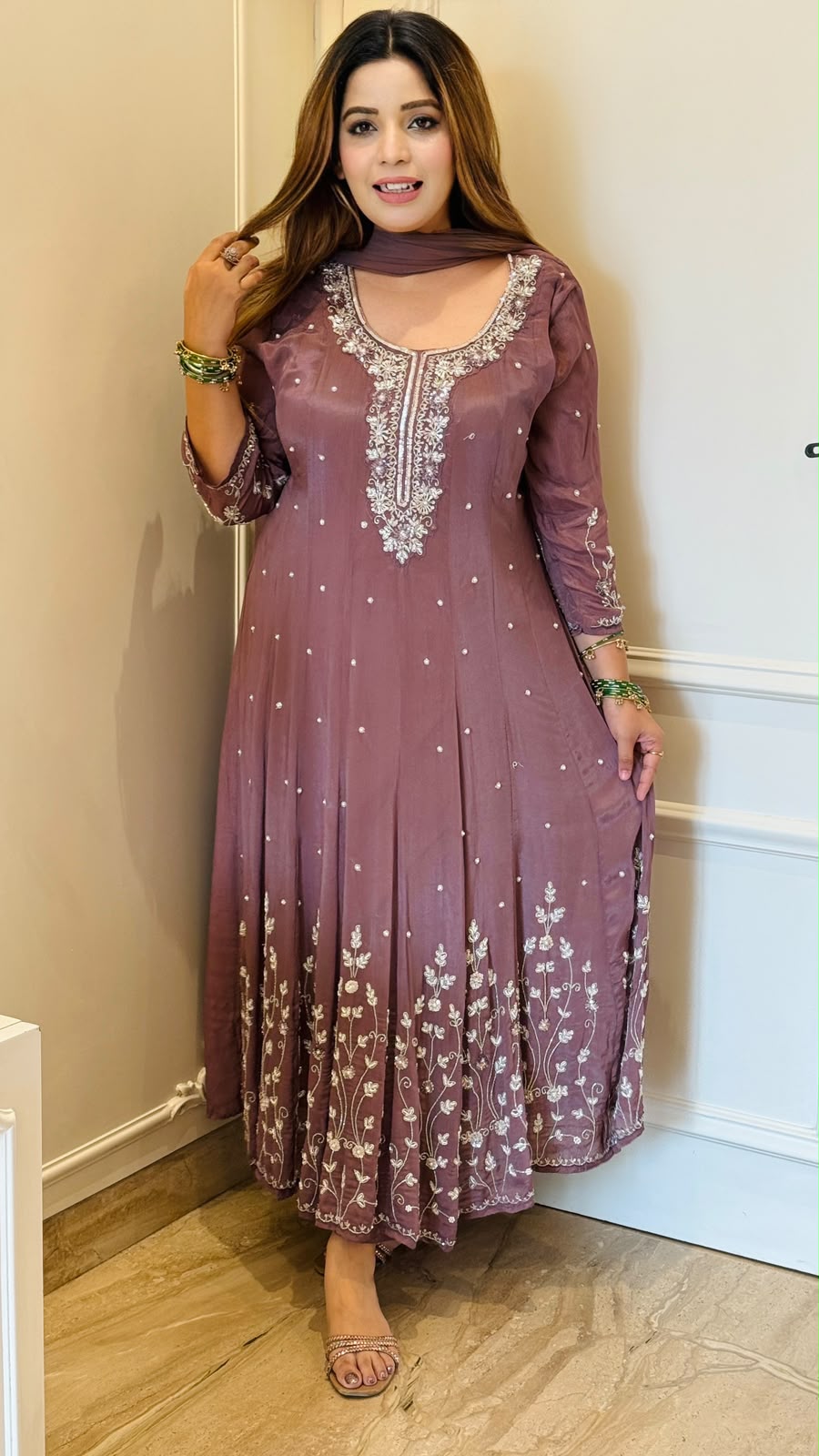 Mihika Viscose Georgette Anarkali Suit Set- Pink, Lavender
