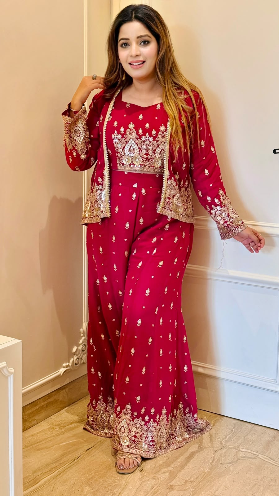 Nandini Georgette Indo-Western Set- Pink, Navy