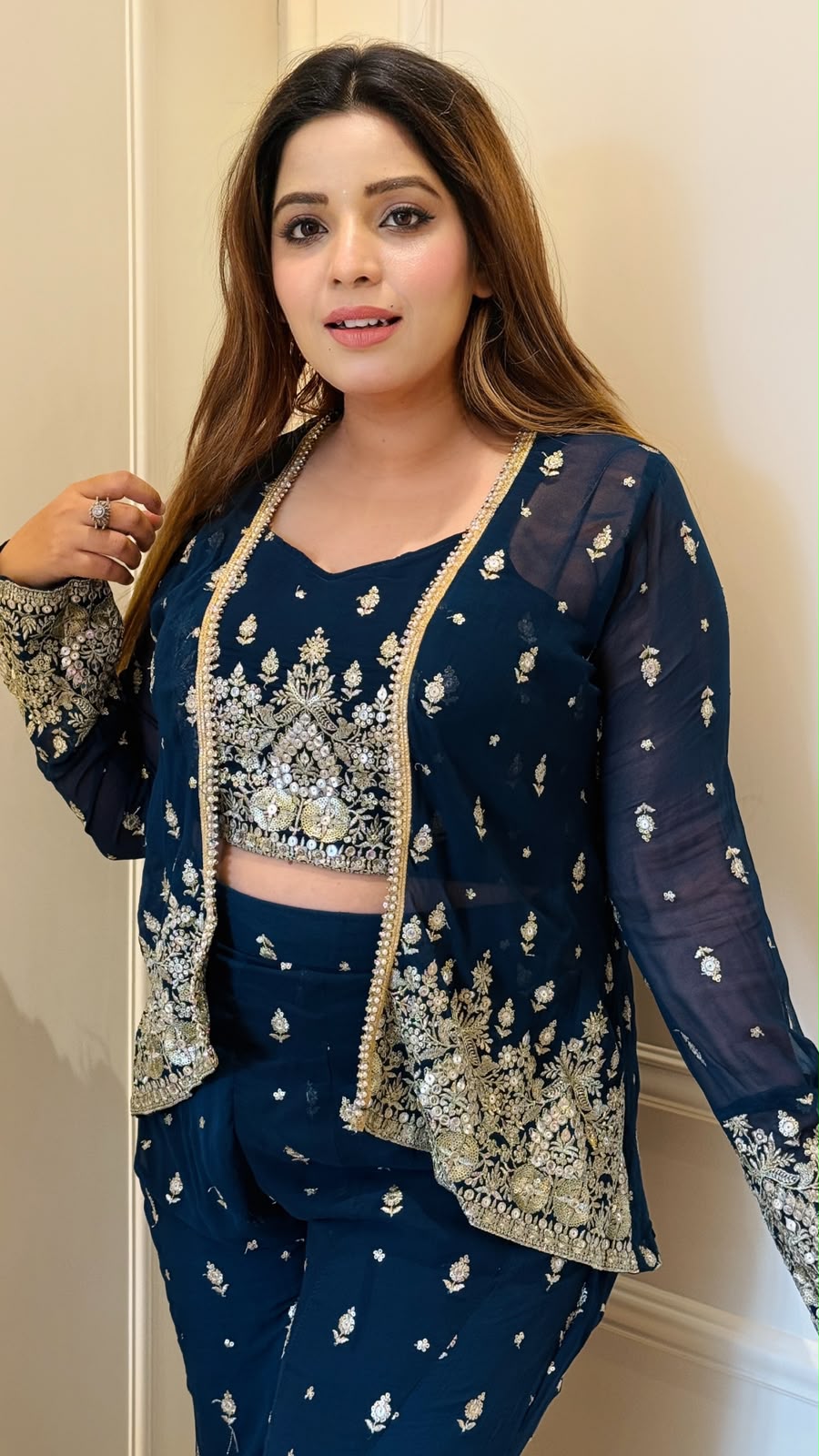 Nandini Georgette Indo-Western Set- Pink, Navy