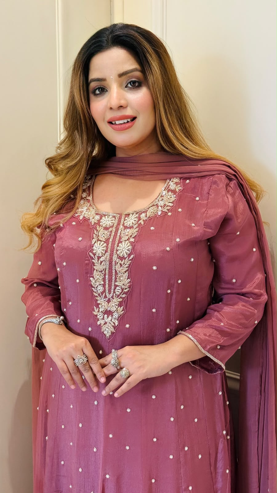 Vedika Chinnon Anarkali Suit Set- Pink, Purple
