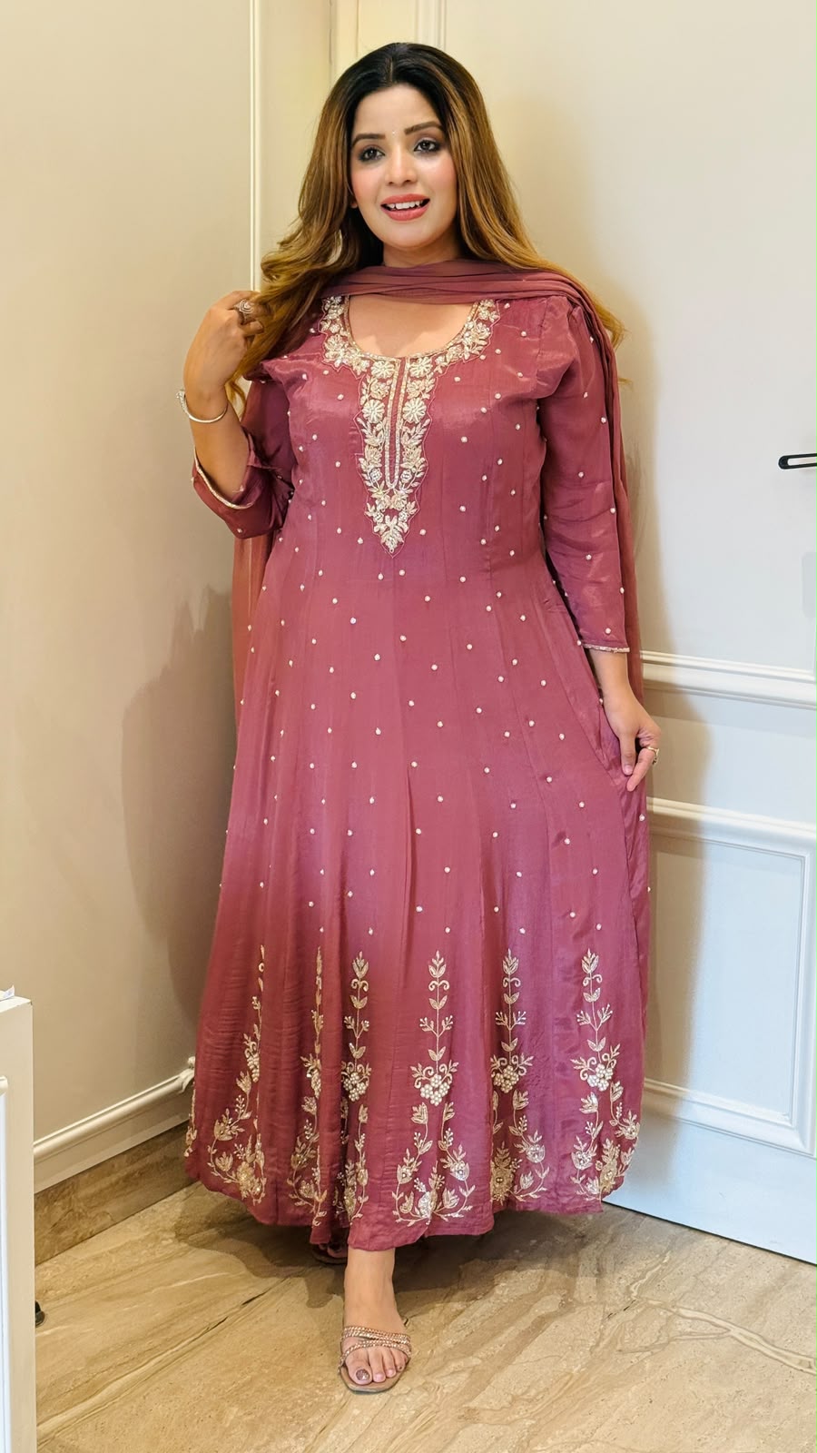Vedika Chinnon Anarkali Suit Set- Pink, Purple
