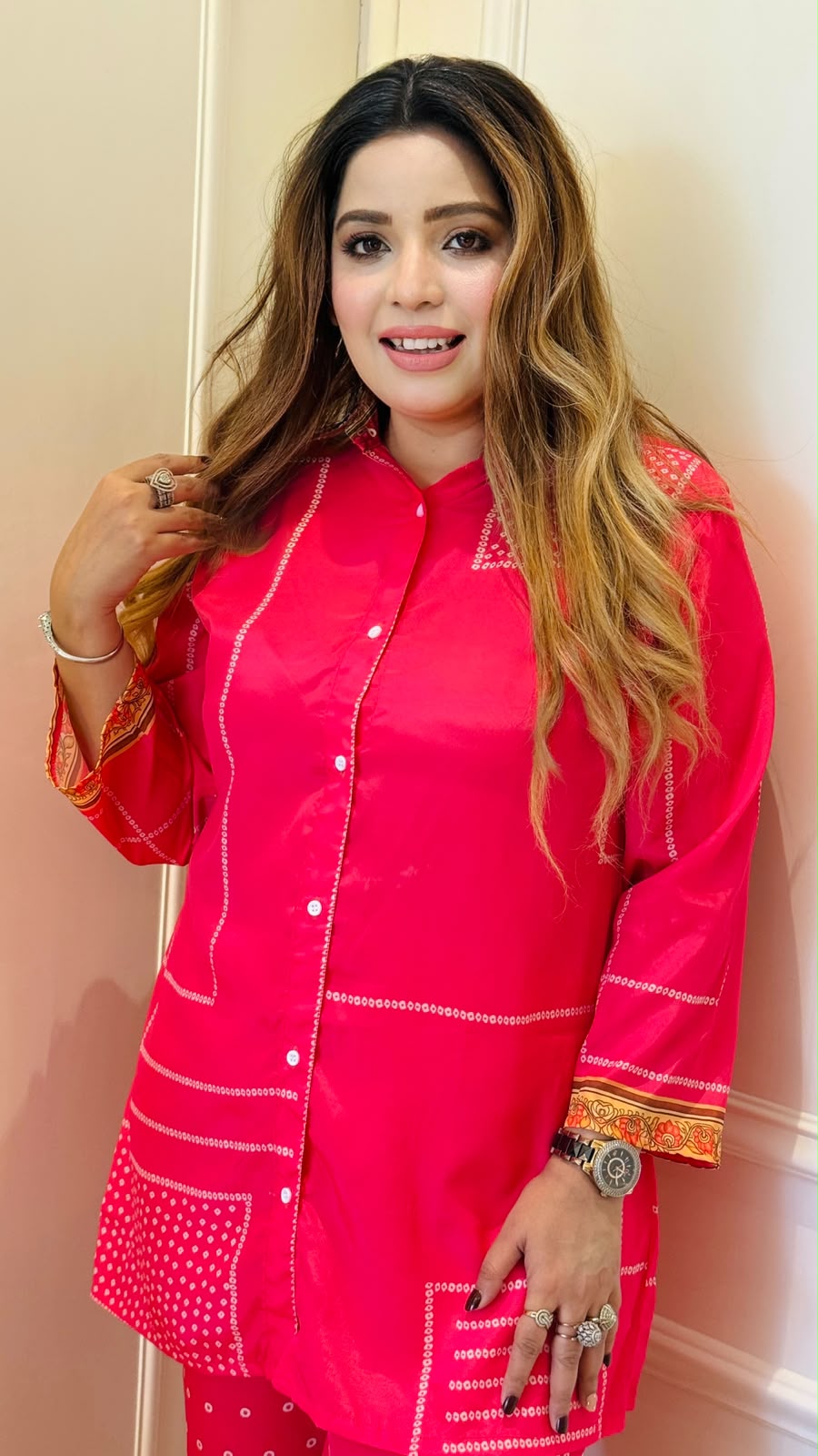 Jhanvi Bandhej Crepe Cordset- Magenta Pink, Navy