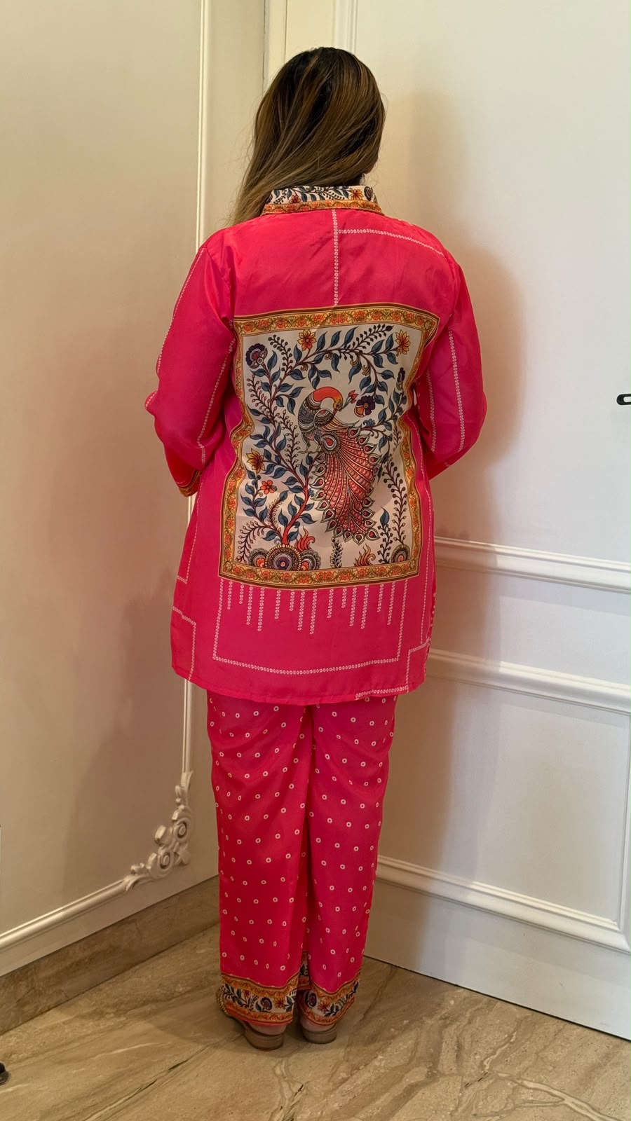 Jhanvi Bandhej Crepe Cordset- Magenta Pink, Navy