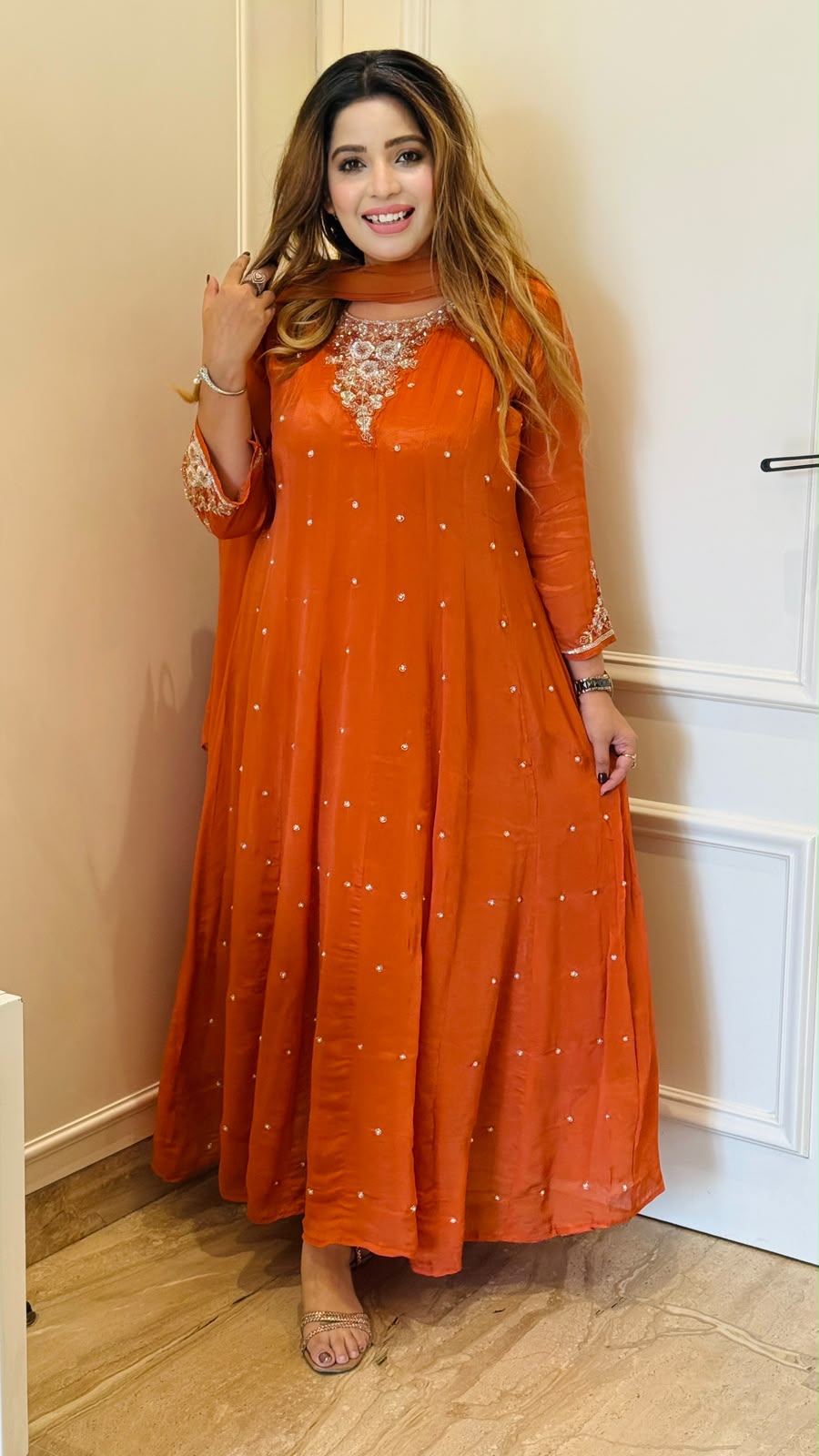 Maanya Chinnon Anarkali Suit Set- Orange