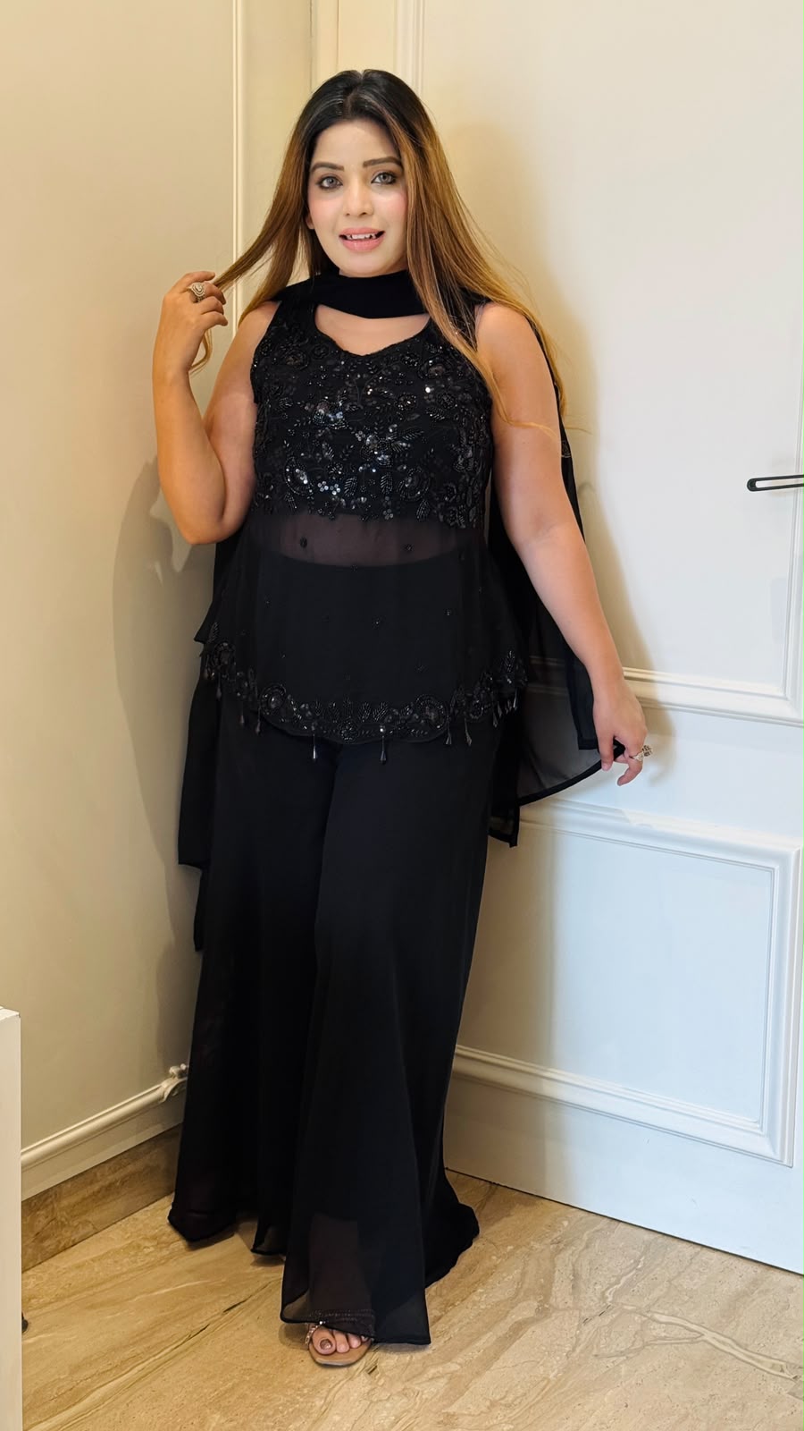 Sharaya Georgette Palazzo Suit Set- Black