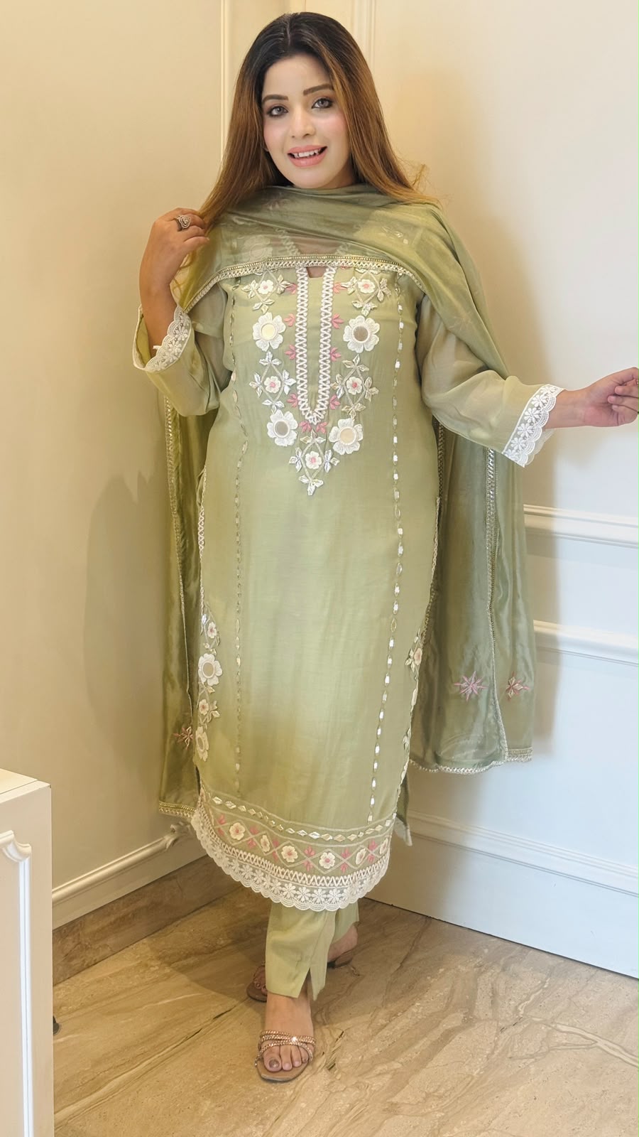 Vihana a Organza Silk Suit Set- Green, Beige