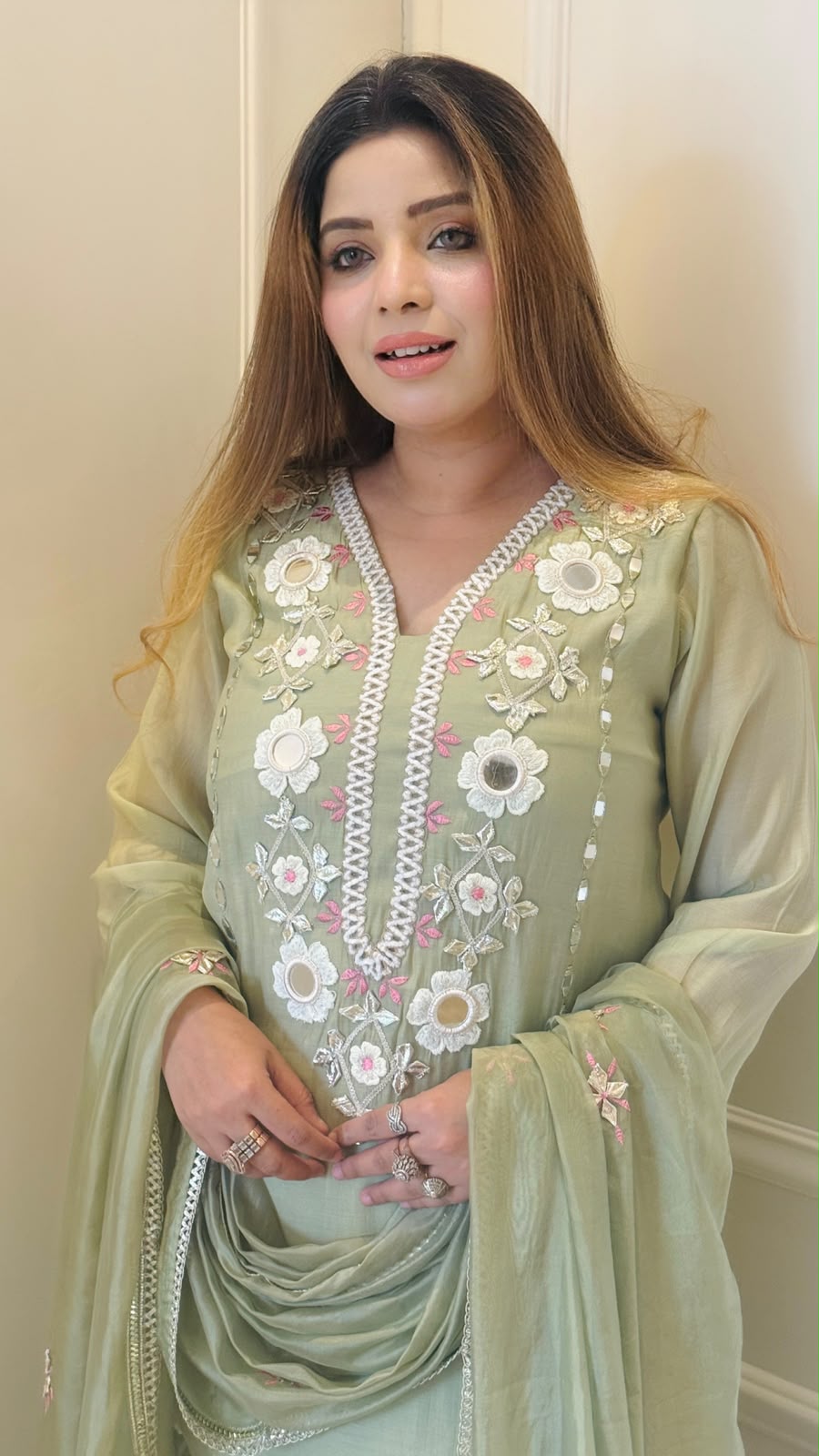 Vihana a Organza Silk Suit Set- Green, Beige
