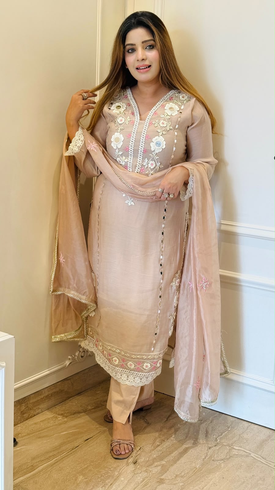 Vihana a Organza Silk Suit Set- Green, Beige
