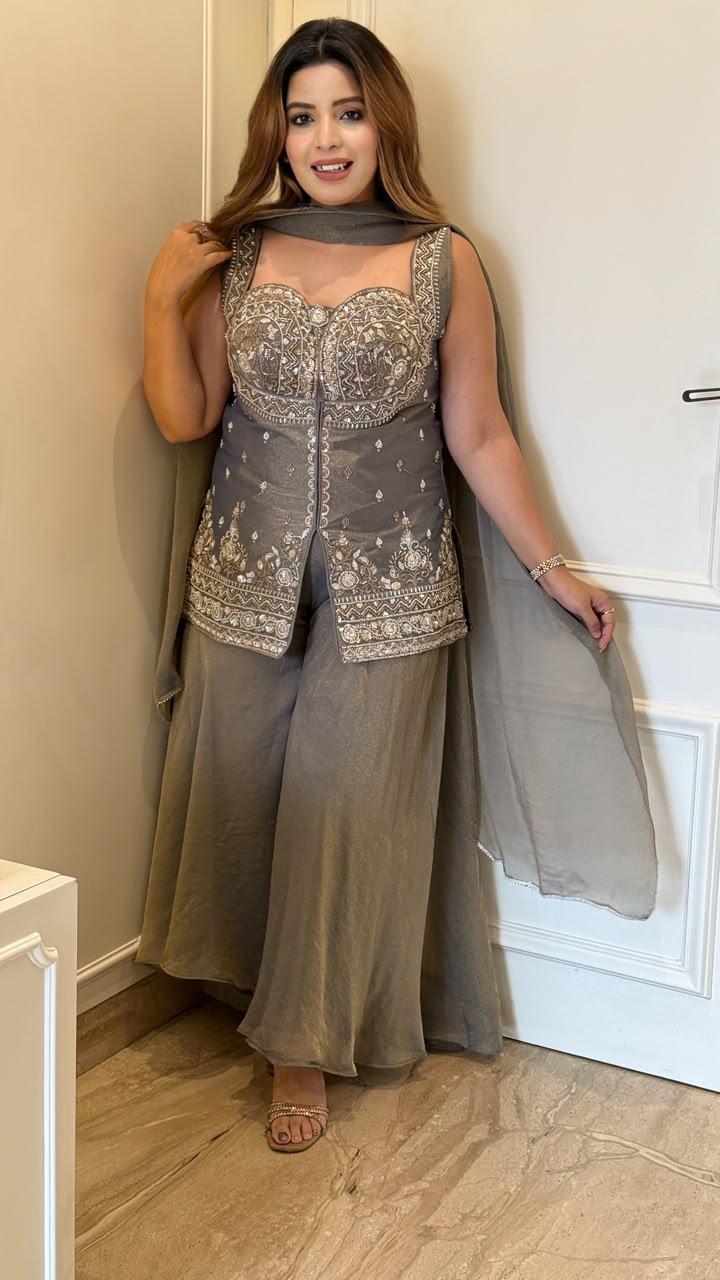 Sanya Shimmer Plazo Suit Set- Grey, Lavender, Green