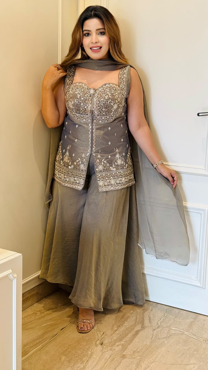 Sanya Shimmer Plazo Suit Set- Grey, Lavender, Green
