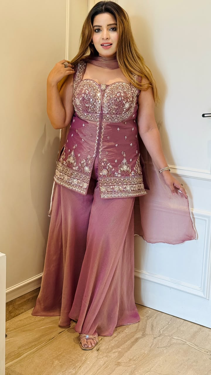 Sanya Shimmer Plazo Suit Set- Grey, Lavender, Green