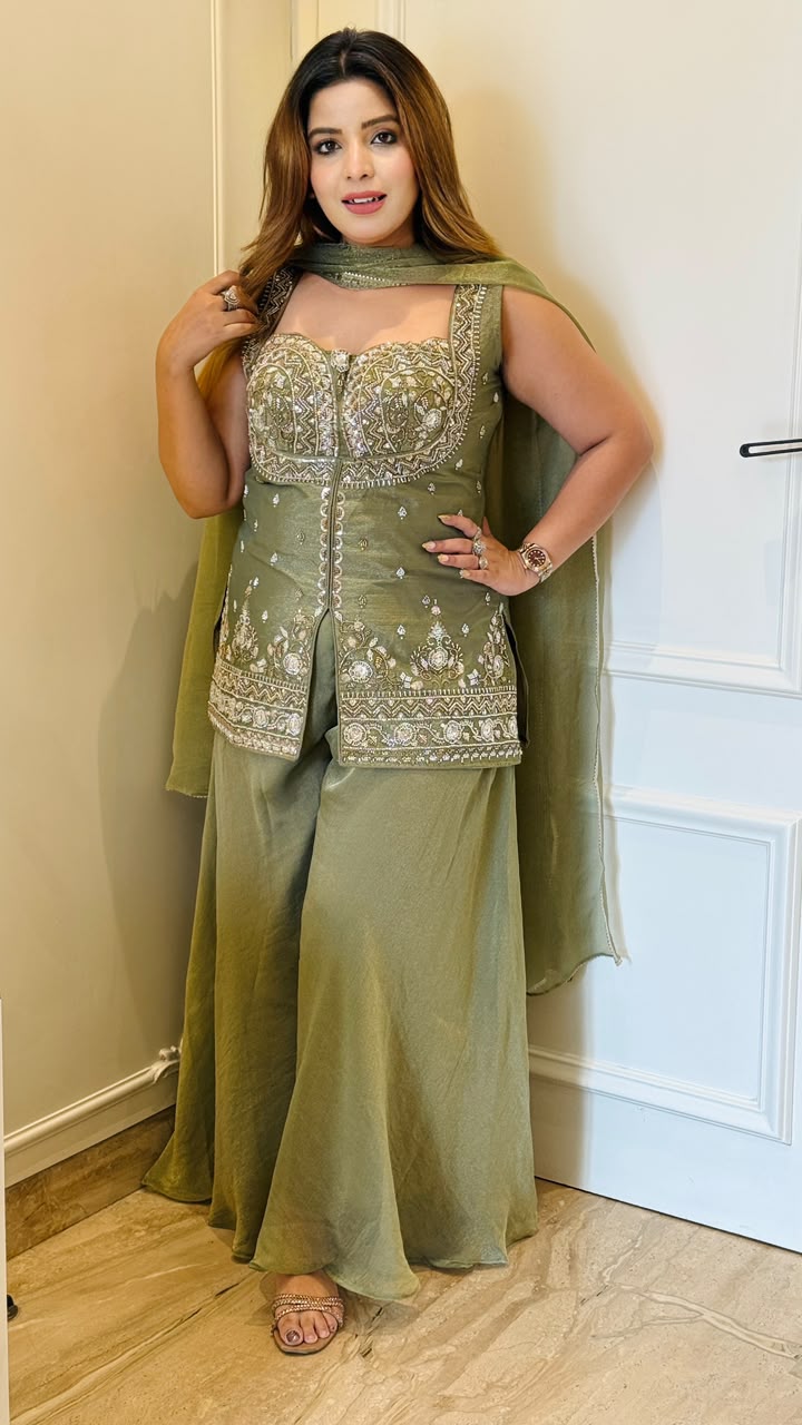 Sanya Shimmer Plazo Suit Set- Grey, Lavender, Green