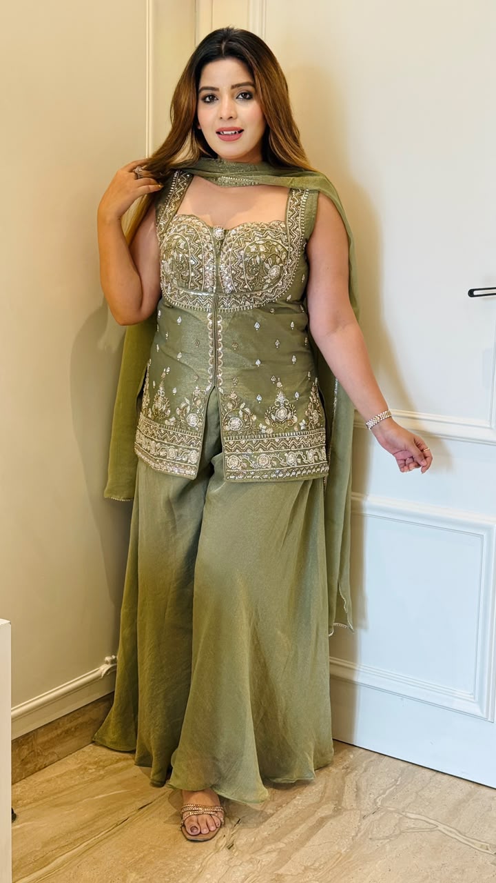 Sanya Shimmer Plazo Suit Set- Grey, Lavender, Green