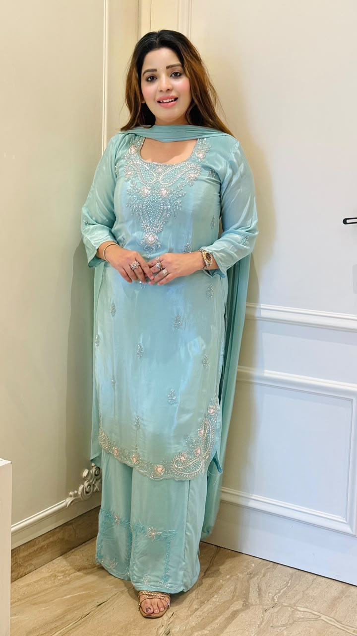 Saara Crepe Suit Set- Blue