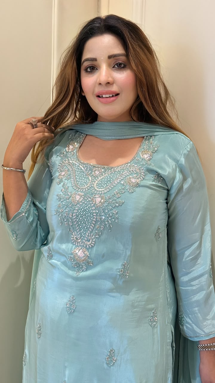 Saara Crepe Suit Set- Blue