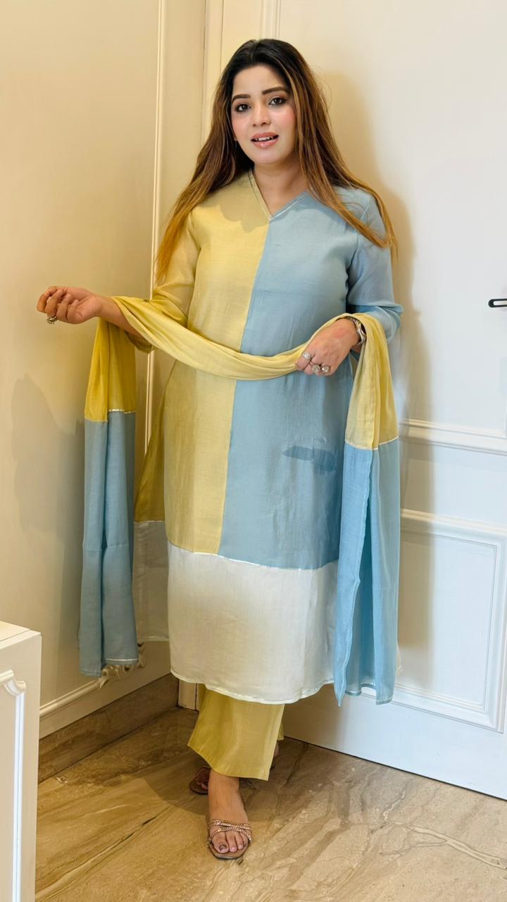 Kaira Organza A-Line Suit Set- Grey, Blue