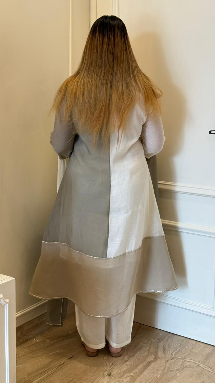 Kaira Organza A-Line Suit Set- Grey, Blue