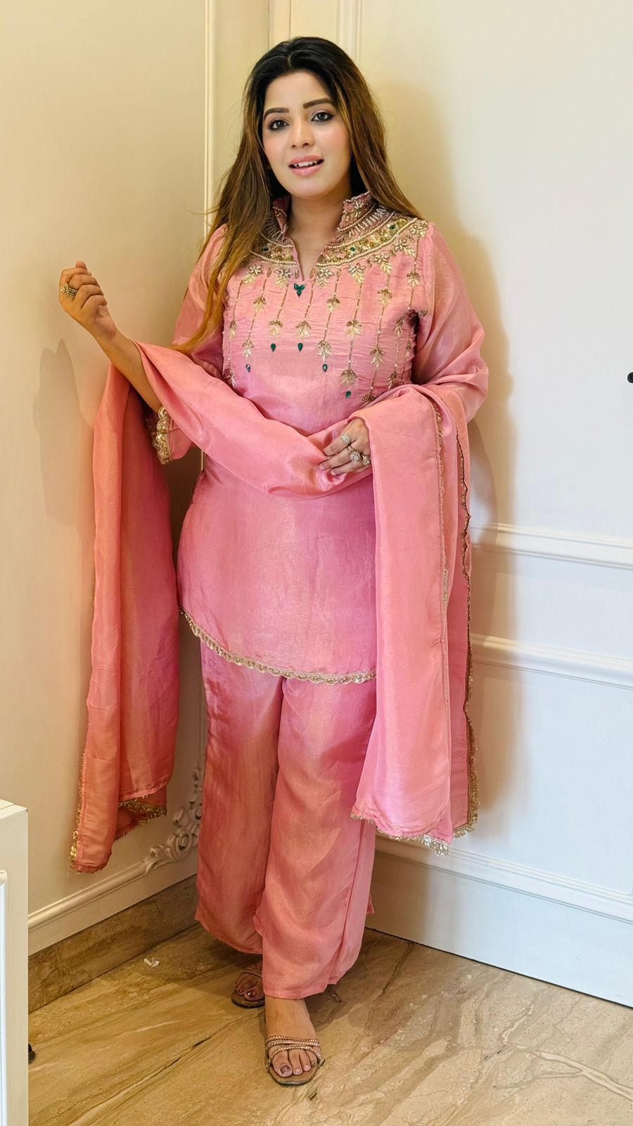 Laira Shimmer Suit Set- Pink, Beige