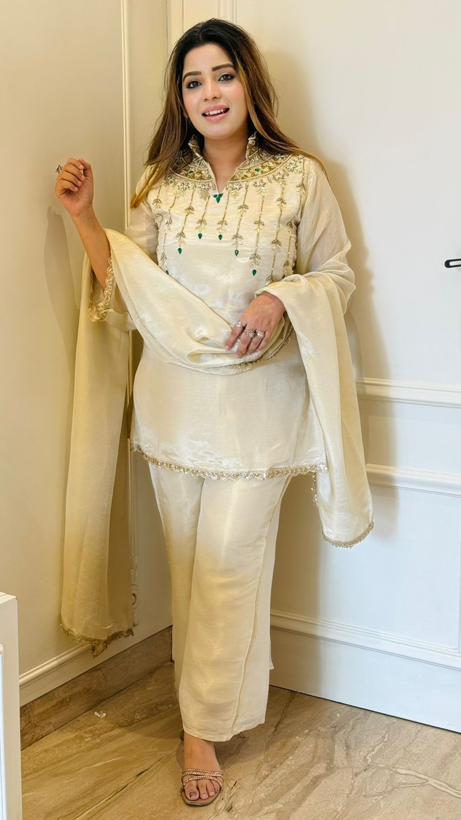 Laira Shimmer Suit Set- Pink, Beige