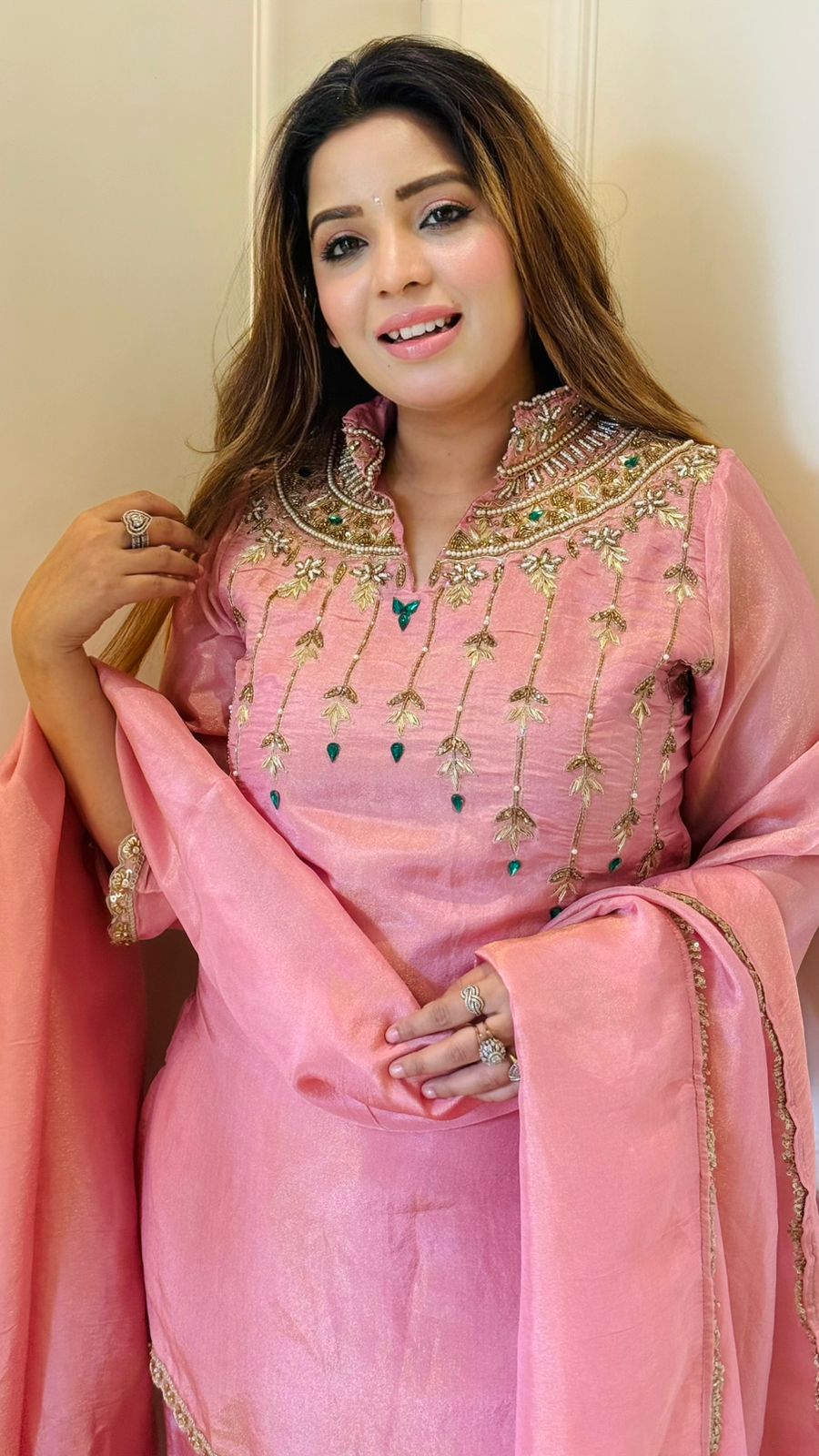 Laira Shimmer Suit Set- Pink, Beige