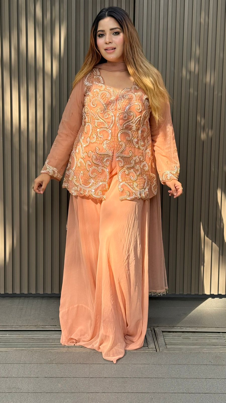 Liya Short Kurta with Sharara Set- Orange, Yellow