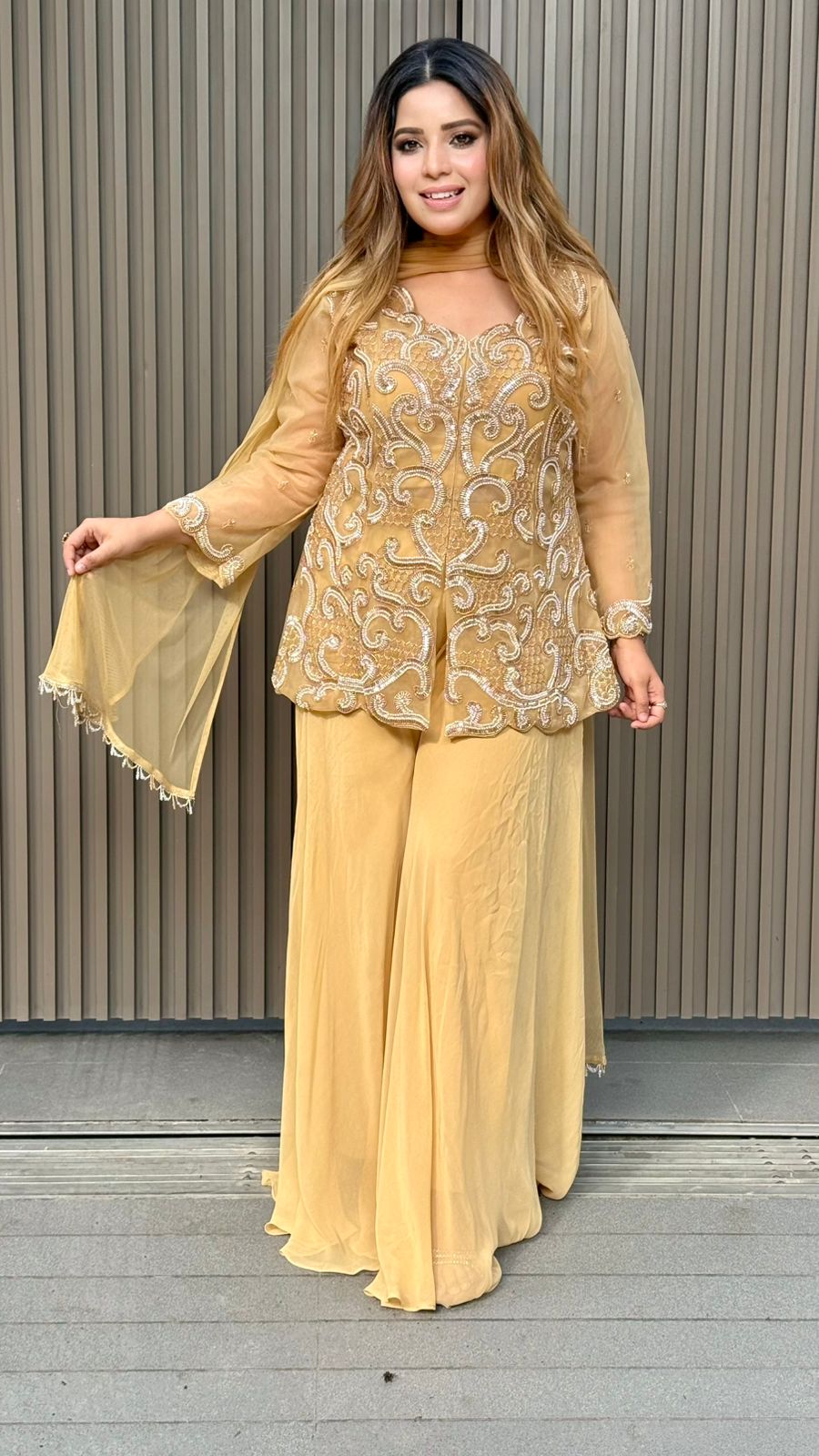Liya Short Kurta with Sharara Set- Orange, Yellow