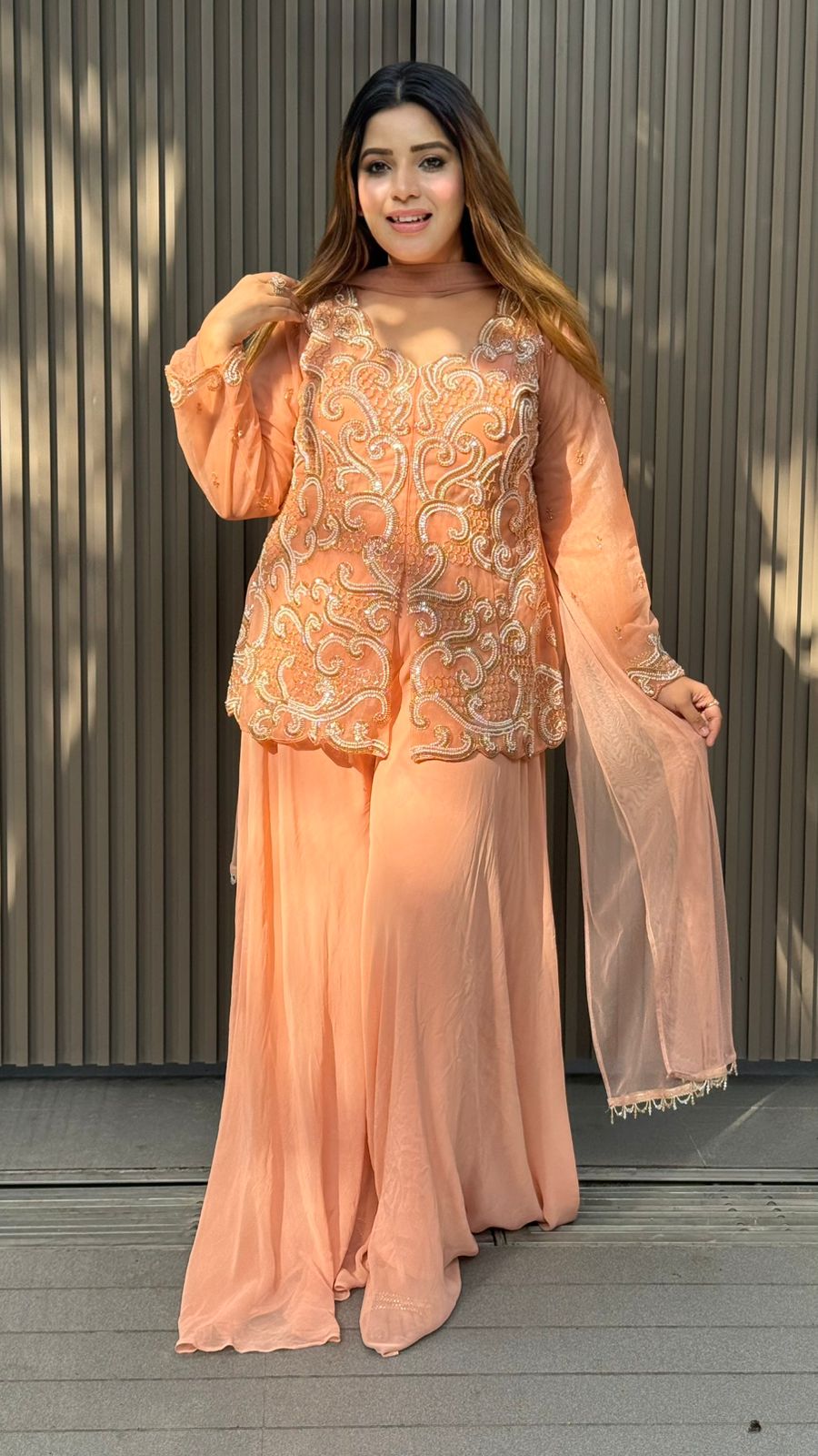 Liya Short Kurta with Sharara Set- Orange, Yellow