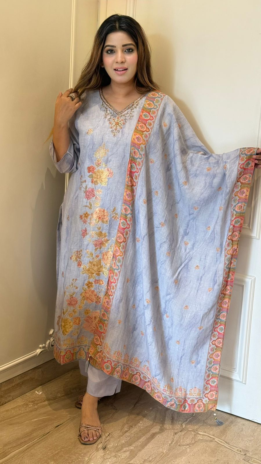 Maira Banarasi Suit Set- Blue, Beige