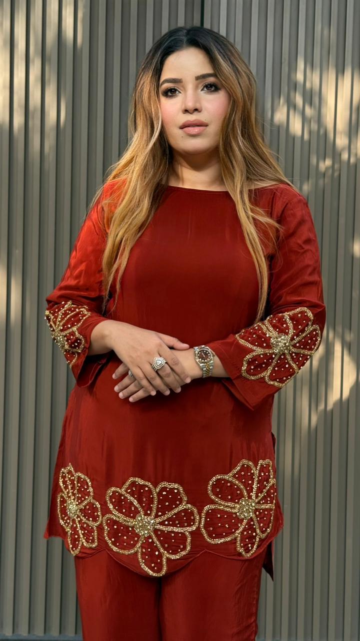 Jahnvi Farshi Salwar Suit Set- Red, Rust, Pink, Beige
