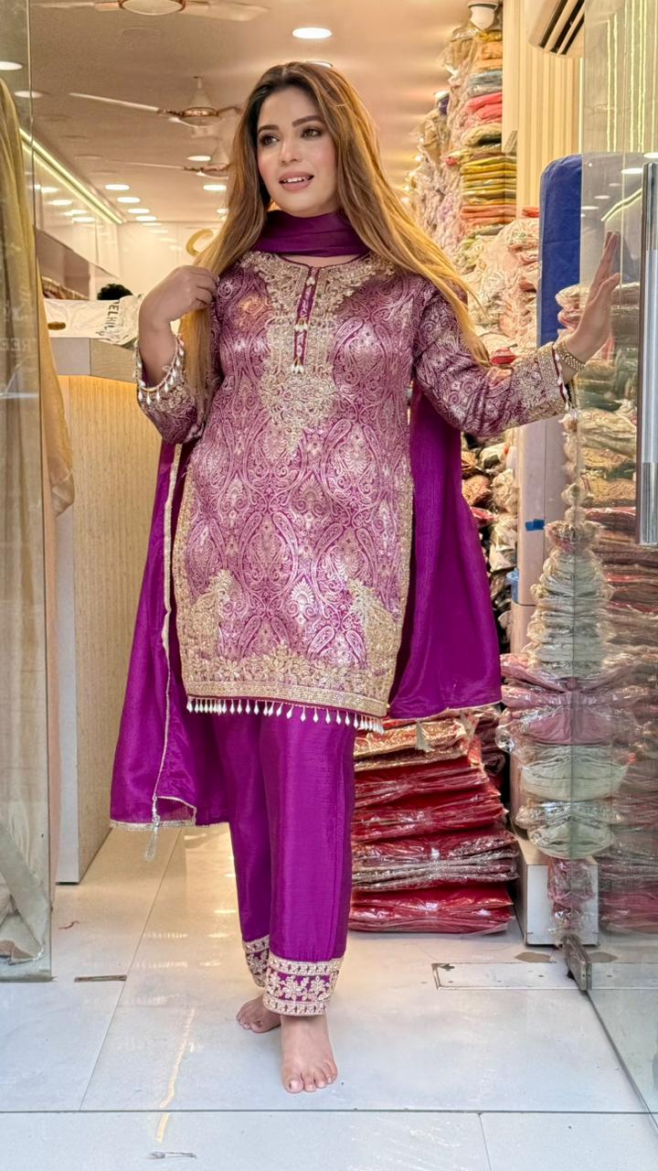 Mihira Brocade Suit Set- Purple, Green