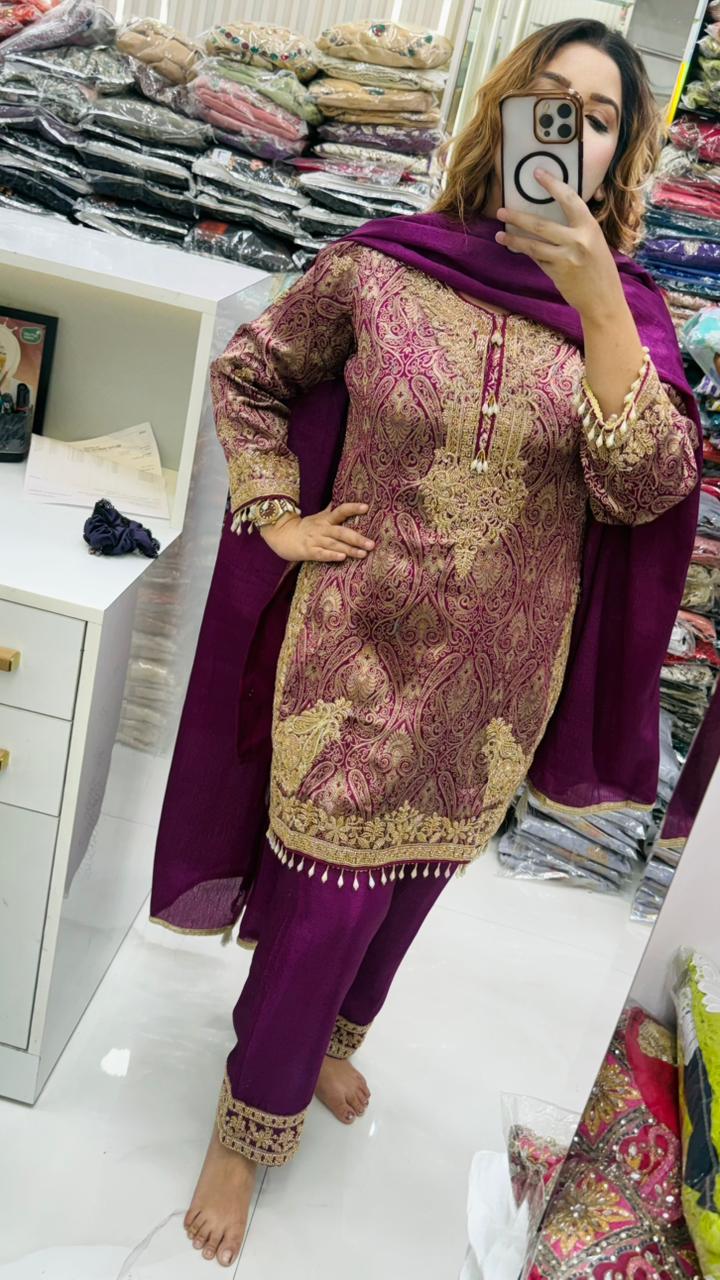 Mihira Brocade Suit Set- Purple, Green