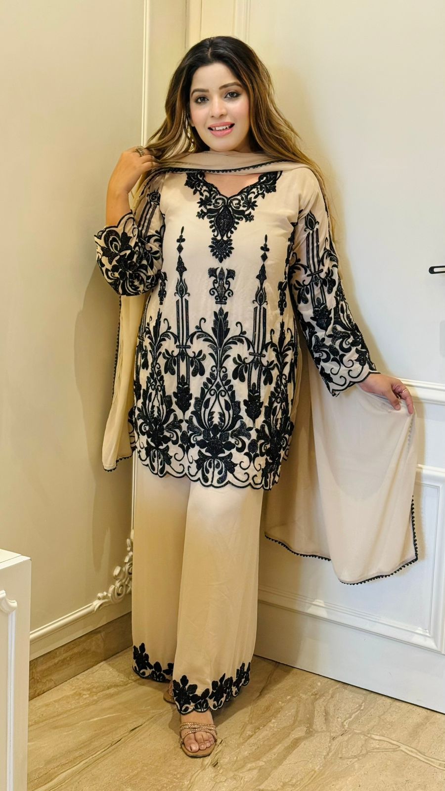 Yutika Georgette Plazo Suit Set- Black, Beige