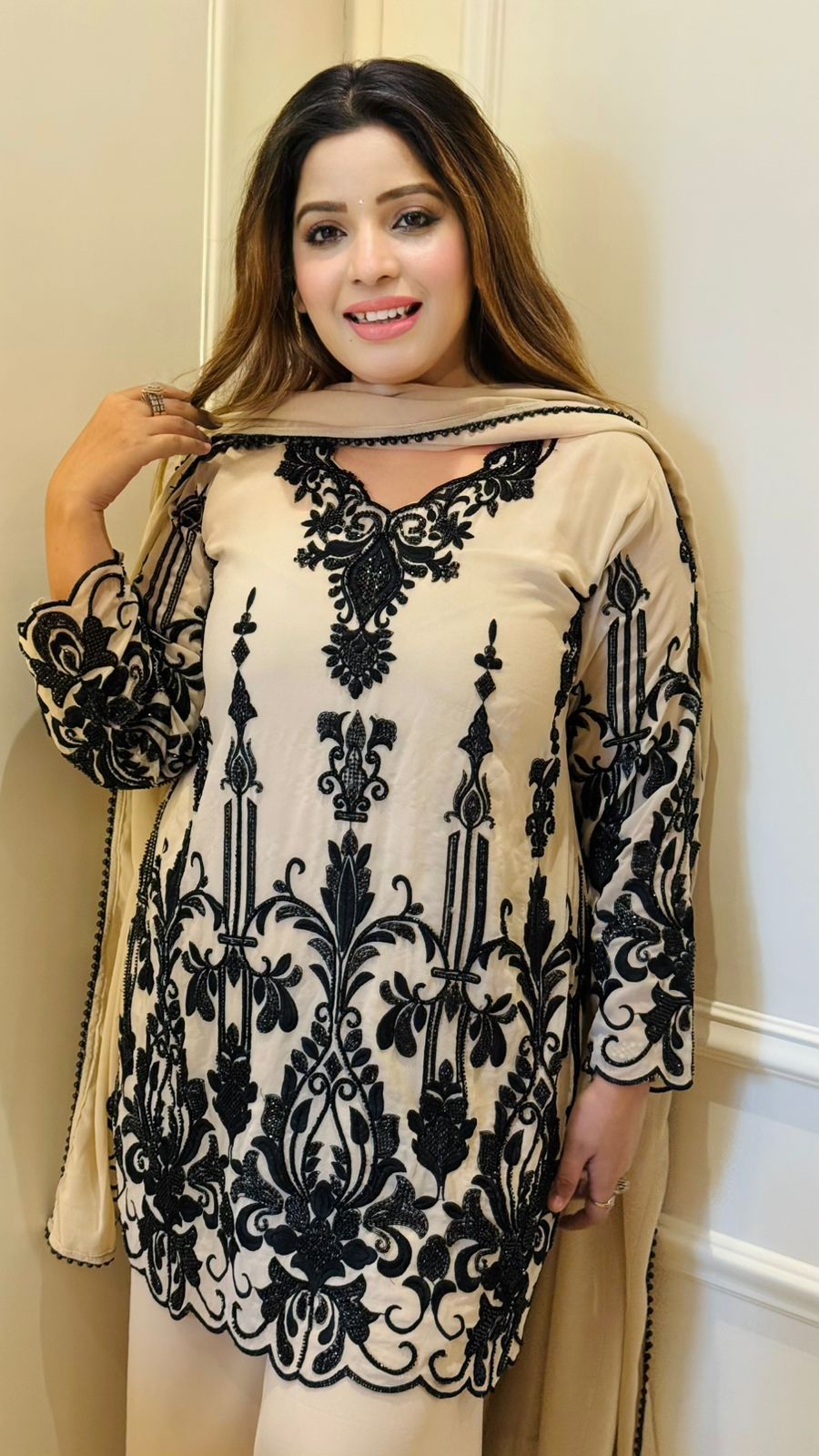 Yutika Georgette Plazo Suit Set- Black, Beige