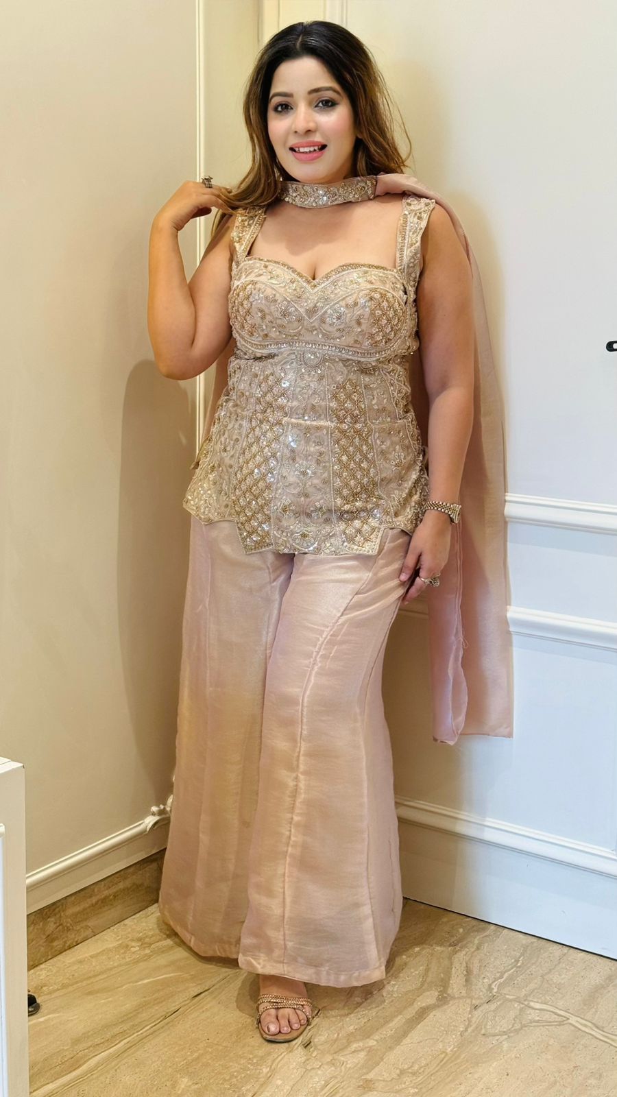 Ishvi Shimmer Kali Palazzo Set- Pink