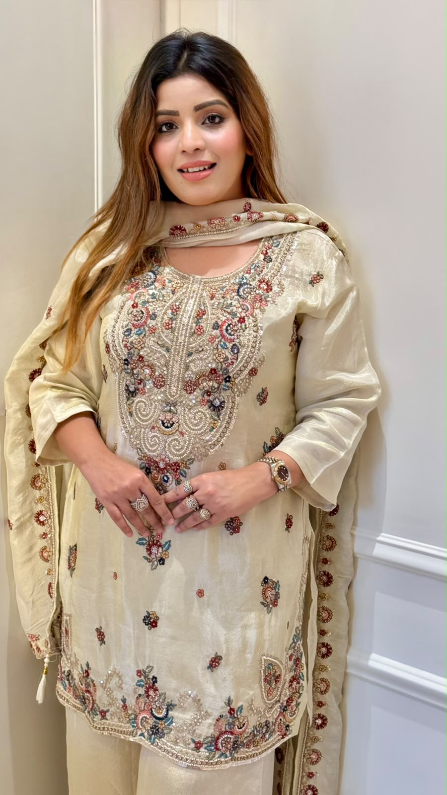 Niya Shimmer Palazzo Suit Set- Beige