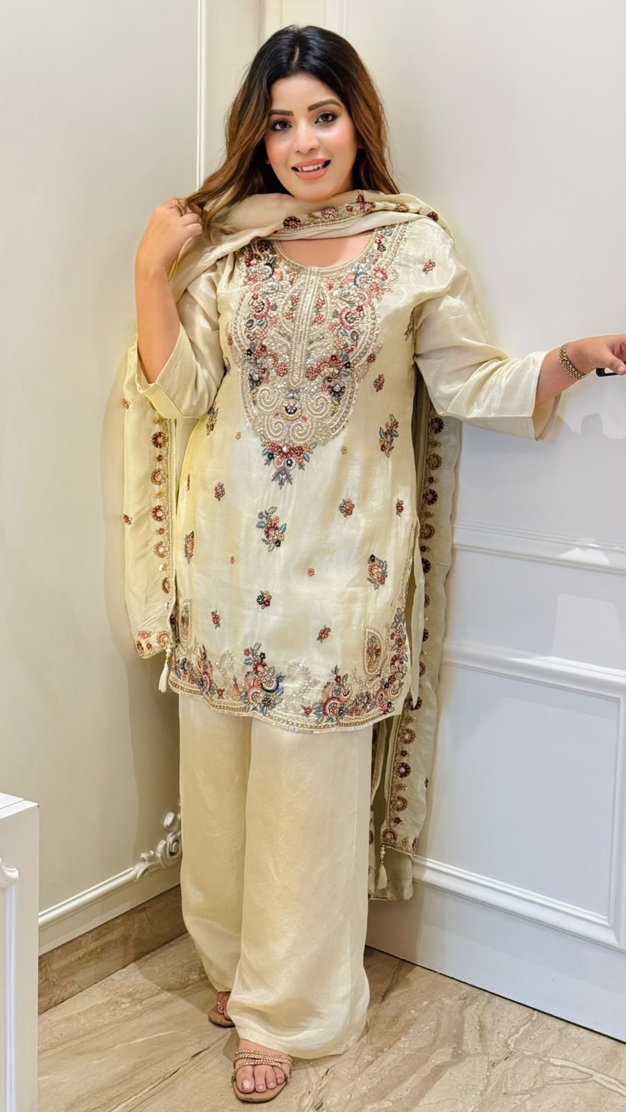 Niya Shimmer Palazzo Suit Set- Beige