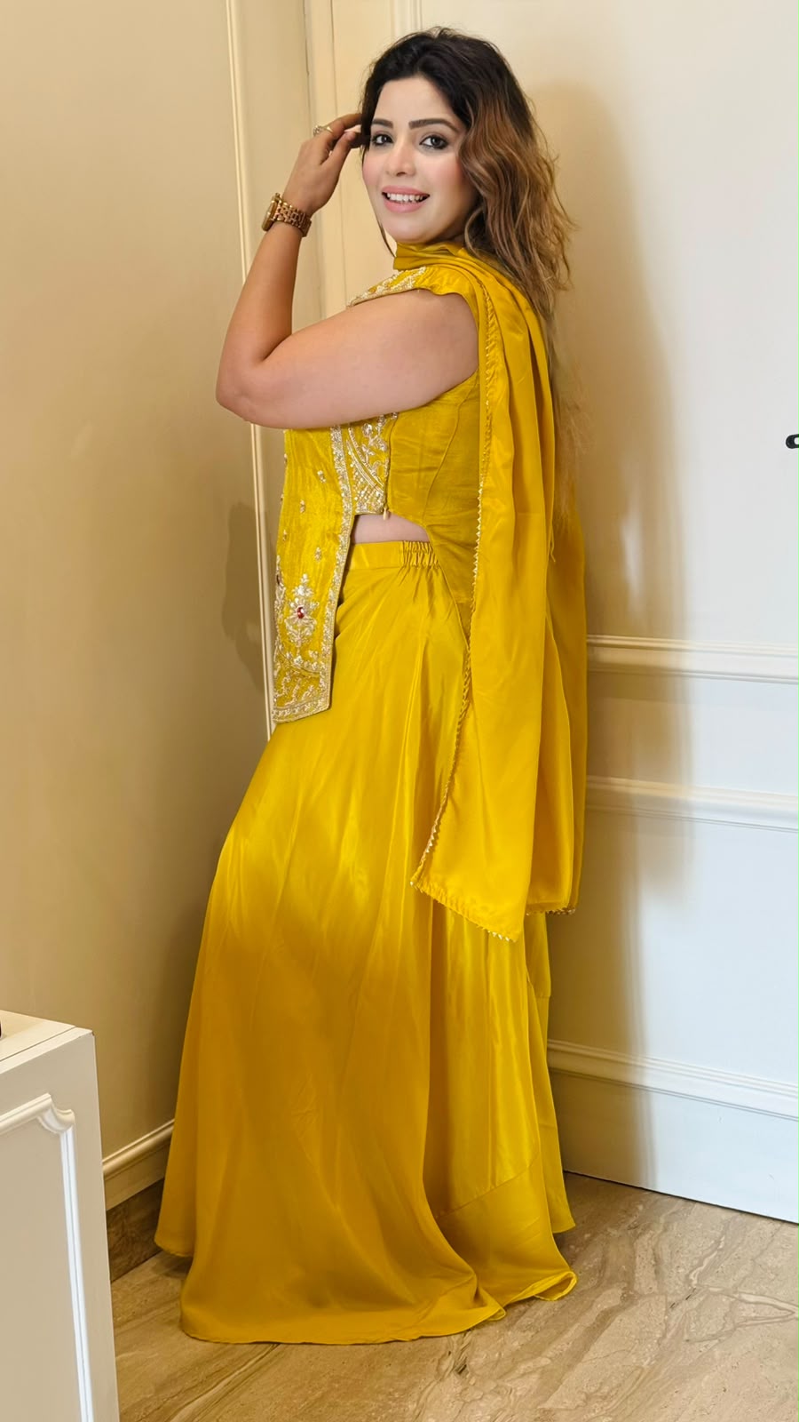 Saanika Crepe Kurti Palazzo Set- Yellow, Blue