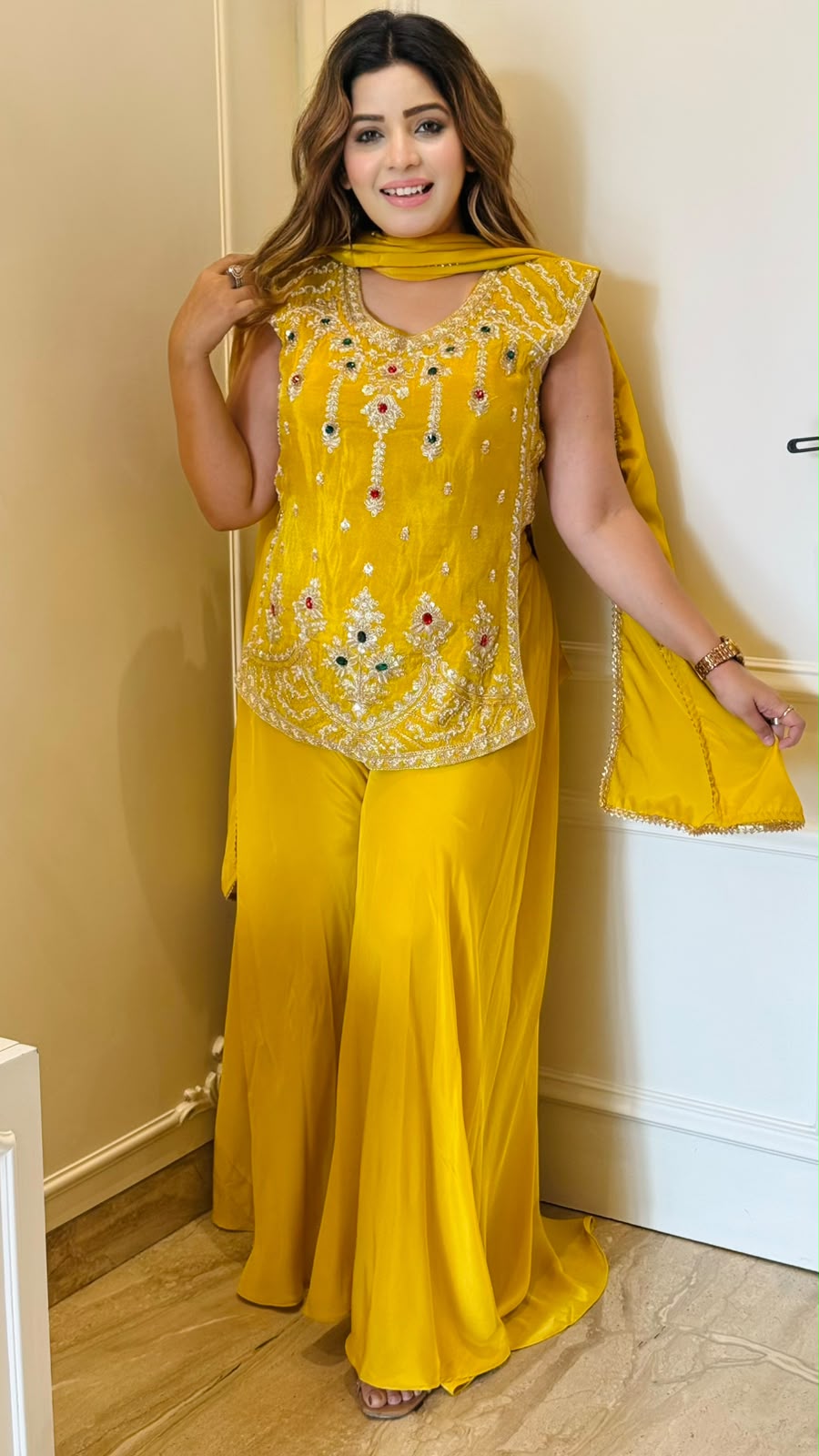 Saanika Crepe Kurti Palazzo Set- Yellow, Blue