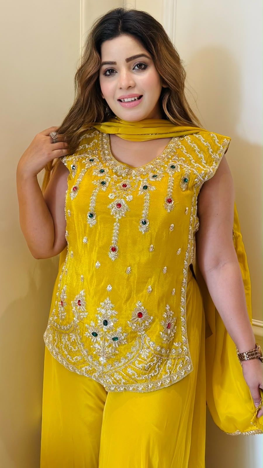 Saanika Crepe Kurti Palazzo Set- Yellow, Blue
