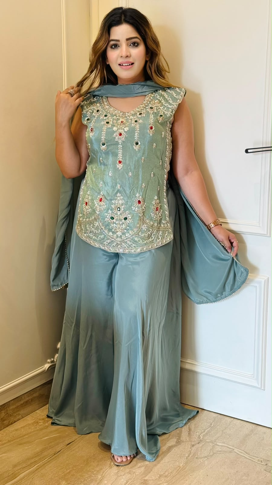 Saanika Crepe Kurti Palazzo Set- Yellow, Blue
